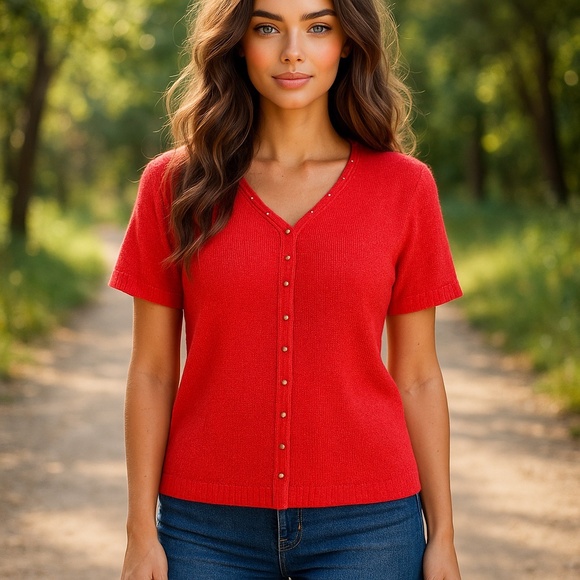 TanJay Coral Open Weave With Beading Detail V-Neck Sweater Women's Size Large - Picture 13 of 14